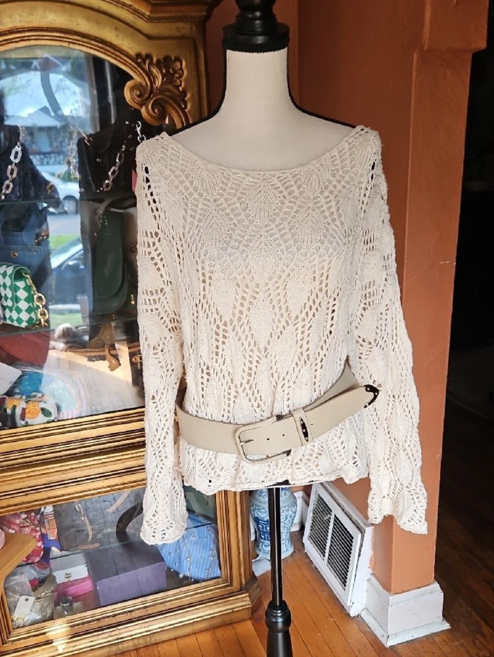 Per Se Cream Leather Belt with Silver Leather Wrap Buckle